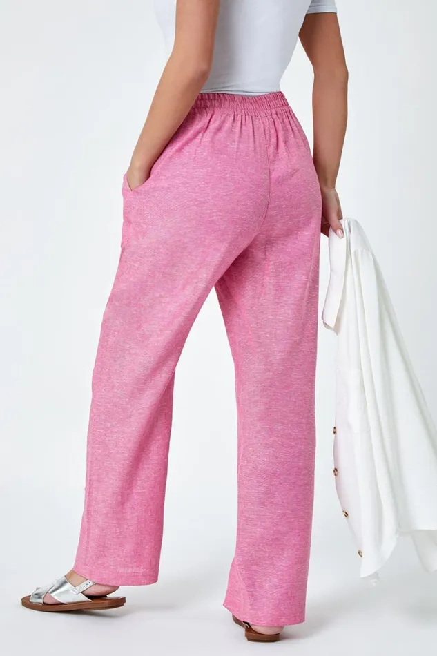 Women Pink Petite Linen Mix Wide Leg Trousers Roman Trousers