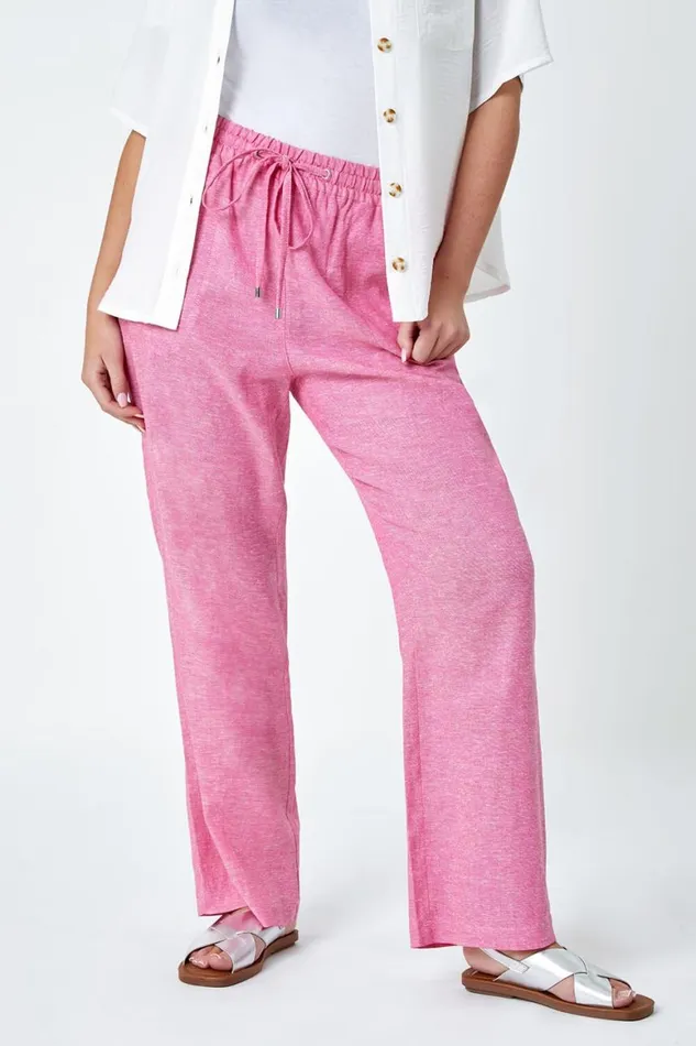 Women Pink Petite Linen Mix Wide Leg Trousers Roman Trousers
