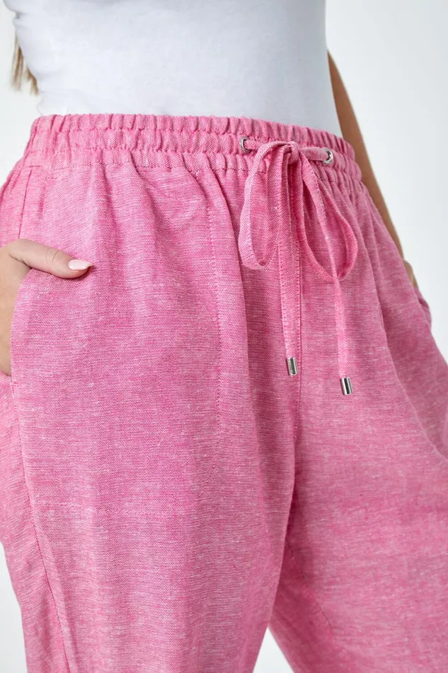 Women Pink Petite Linen Mix Wide Leg Trousers Roman Trousers