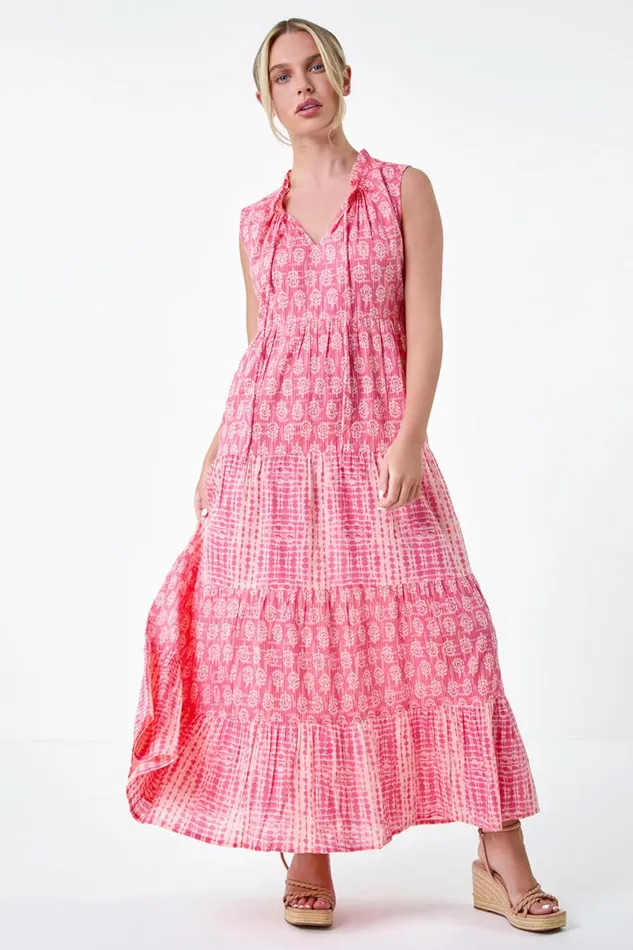 Women Pink Petite Tie Dye Tiered Midi Dress Roman Dresses