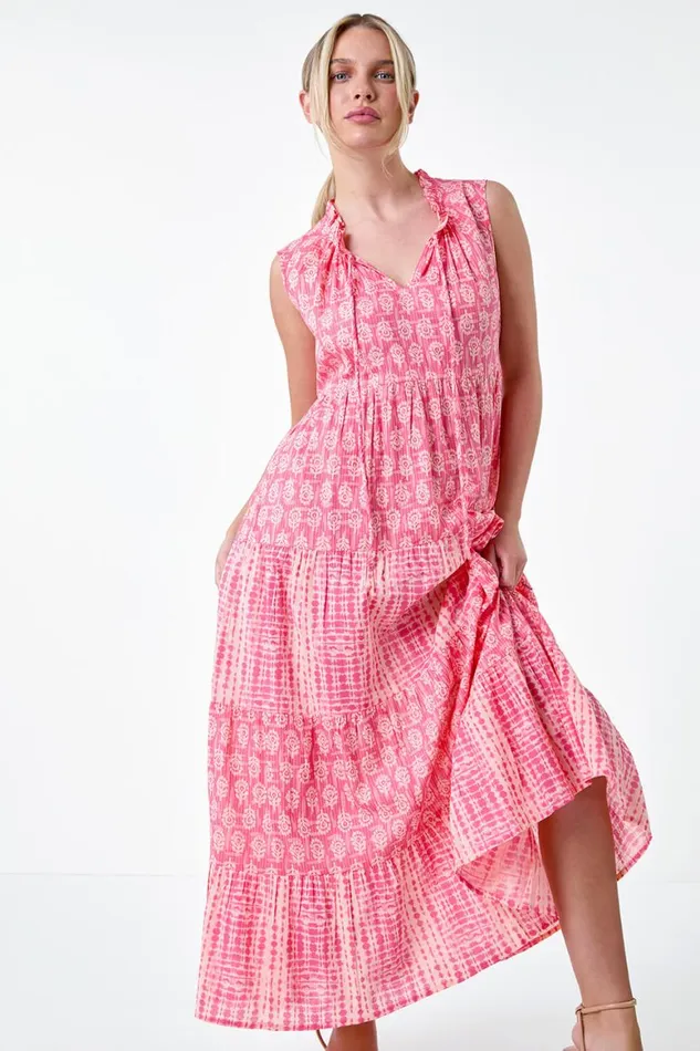 Women Pink Petite Tie Dye Tiered Midi Dress Roman Dresses