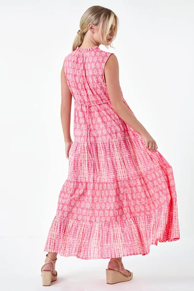 Women Pink Petite Tie Dye Tiered Midi Dress Roman Dresses