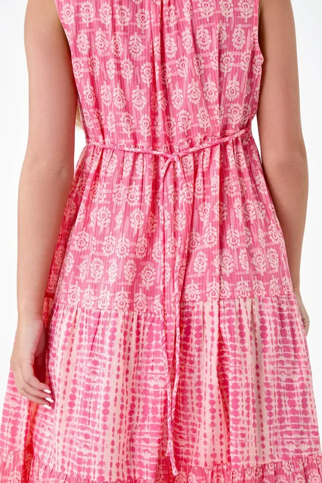 Women Pink Petite Tie Dye Tiered Midi Dress Roman Dresses
