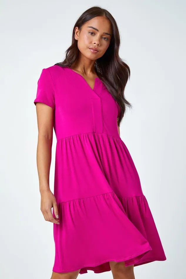 Women Pink Petite Tiered Stretch TShirt Dress Roman Dresses