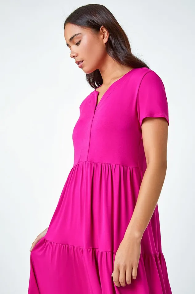 Women Pink Petite Tiered Stretch TShirt Dress Roman Dresses