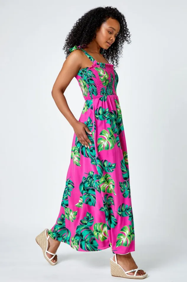 Women Pink Petite Tropical Print Shirred Maxi Dress Roman Dresses