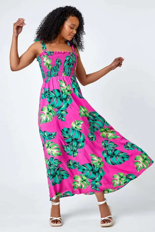 Women Pink Petite Tropical Print Shirred Maxi Dress Roman Dresses