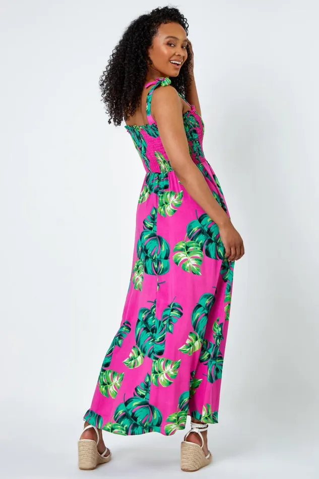 Women Pink Petite Tropical Print Shirred Maxi Dress Roman Dresses