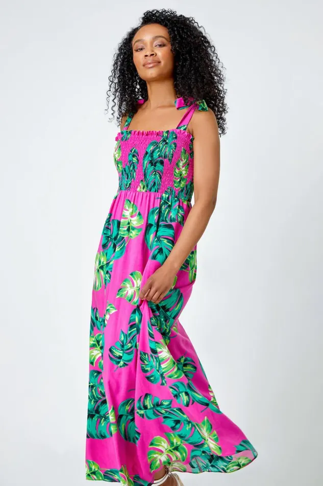 Women Pink Petite Tropical Print Shirred Maxi Dress Roman Dresses