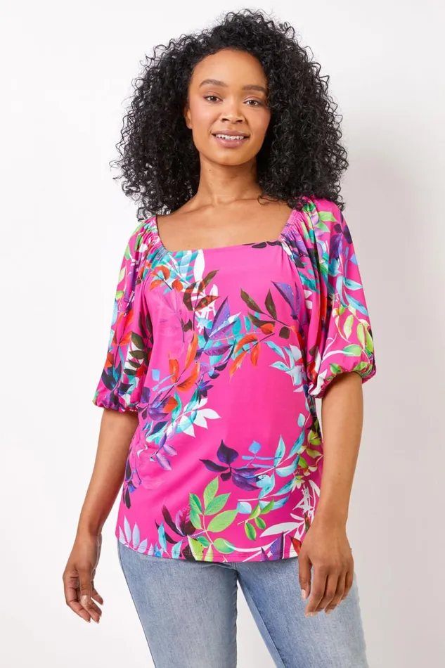 Women Pink Petite Tropical Print Square Neck Top Roman Tops