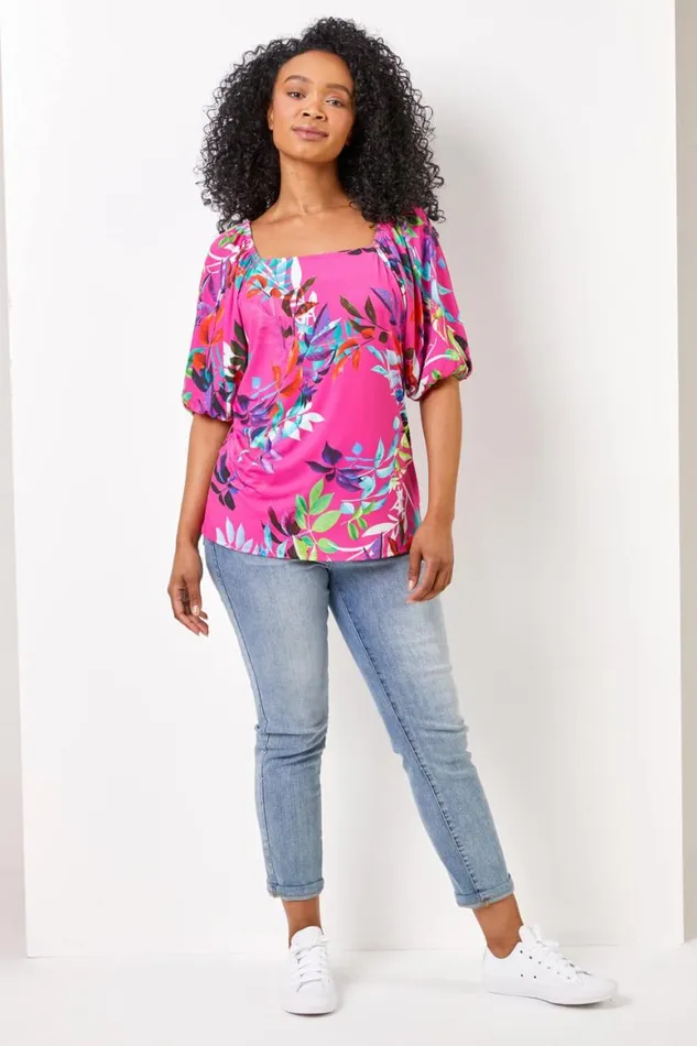 Women Pink Petite Tropical Print Square Neck Top Roman Tops