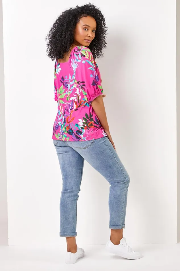 Women Pink Petite Tropical Print Square Neck Top Roman Tops