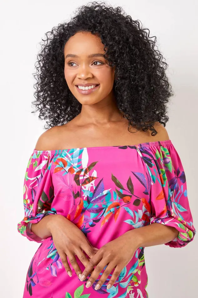 Women Pink Petite Tropical Print Square Neck Top Roman Tops