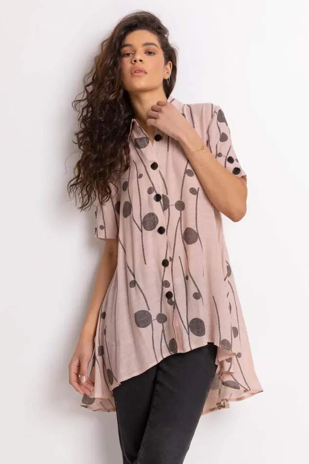 Women Pink Spot Print Button Through Shirt Roman Tops