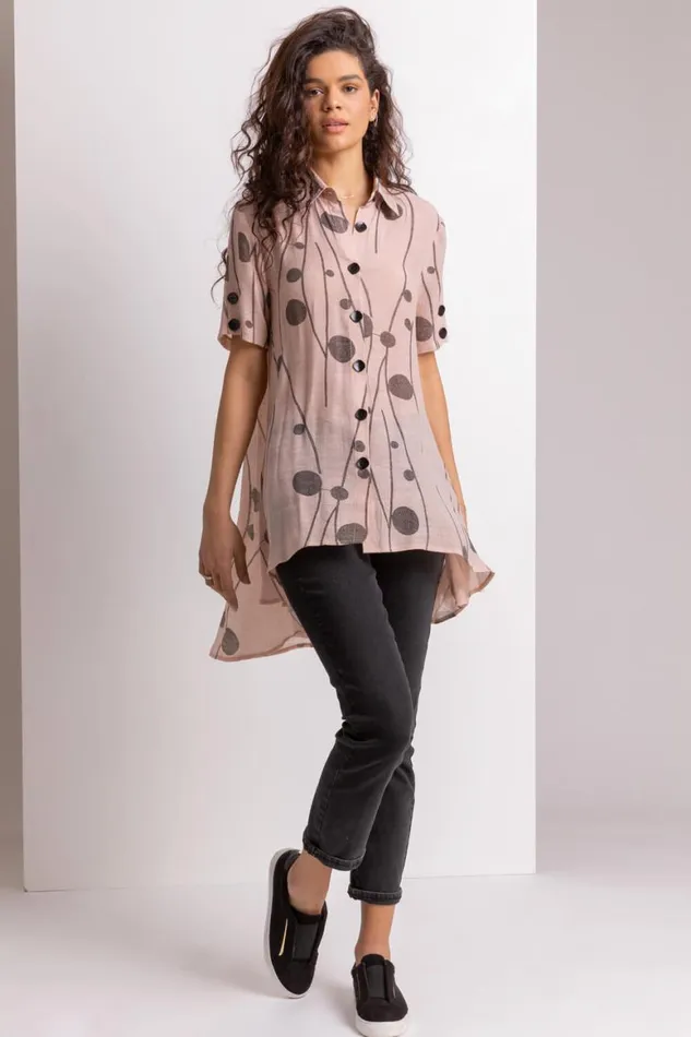 Women Pink Spot Print Button Through Shirt Roman Tops