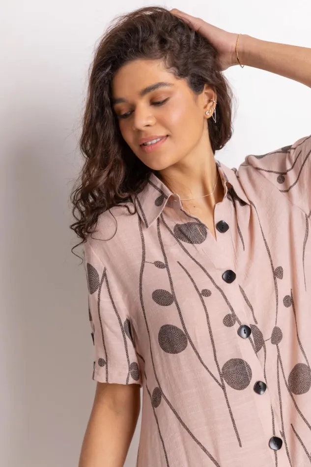 Women Pink Spot Print Button Through Shirt Roman Tops