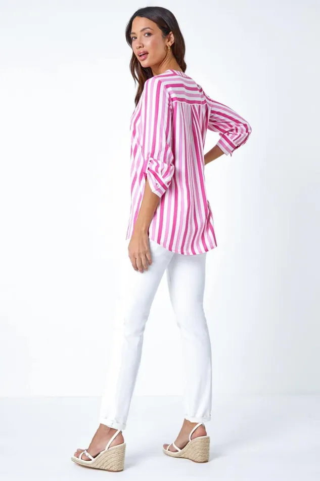 Women Pink Stripe Print Pleat Detail Top Roman Tops