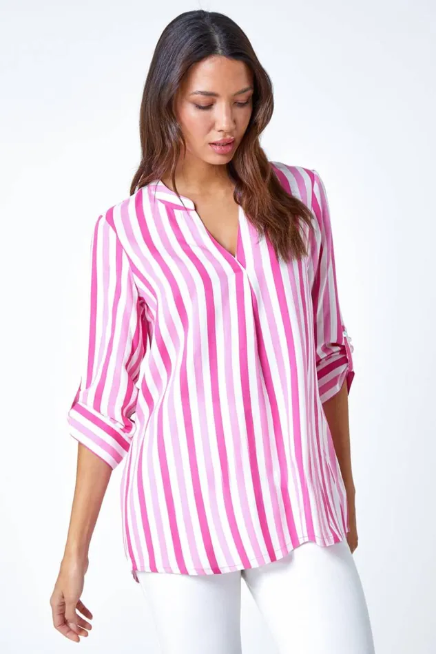 Women Pink Stripe Print Pleat Detail Top Roman Tops