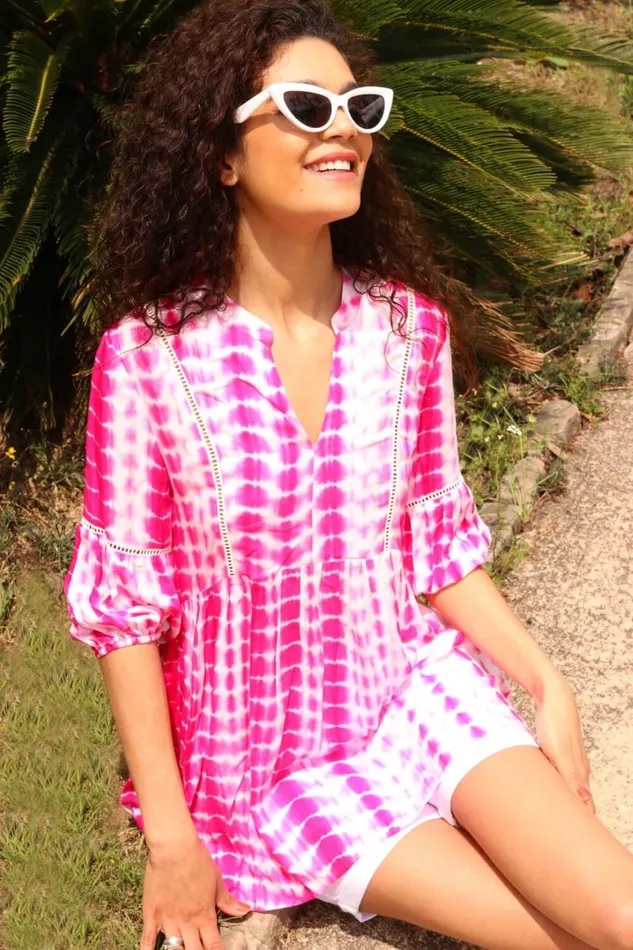 Women Pink Tie Dye Print Smock Tunic Top Roman Tops