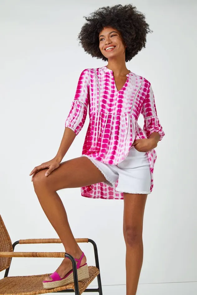 Women Pink Tie Dye Print Smock Tunic Top Roman Tops