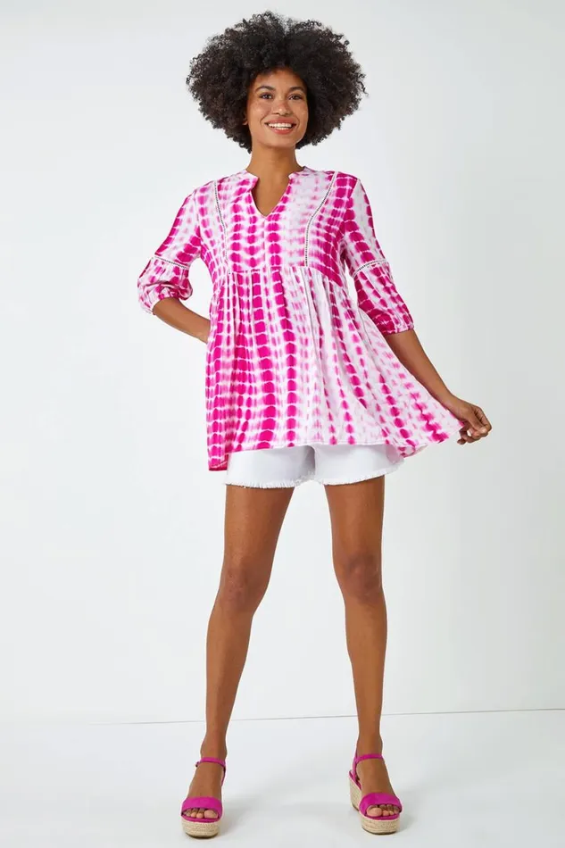 Women Pink Tie Dye Print Smock Tunic Top Roman Tops