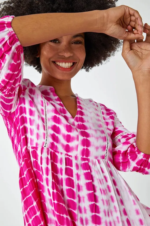 Women Pink Tie Dye Print Smock Tunic Top Roman Tops