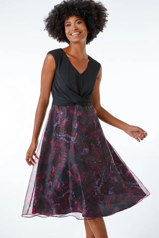 Women Pink Twist Front Butterfly Print Stretch Dress Roman Dresses
