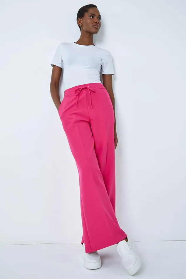 Women Pink Wide Leg Elastic Waist Tie Front Trouser Roman Trousers