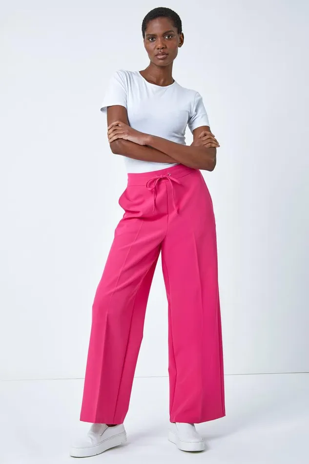 Women Pink Wide Leg Elastic Waist Tie Front Trouser Roman Trousers