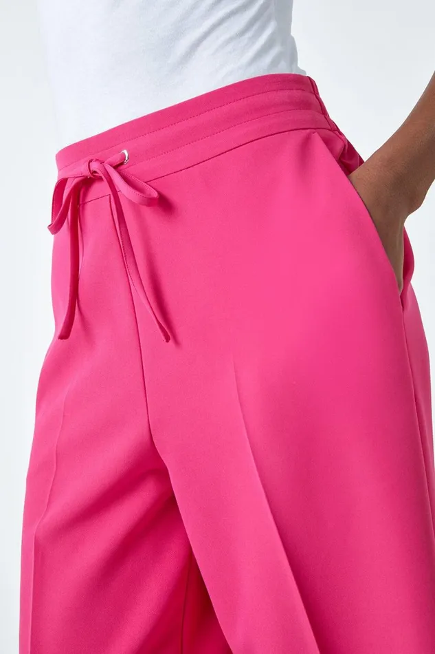 Women Pink Wide Leg Elastic Waist Tie Front Trouser Roman Trousers