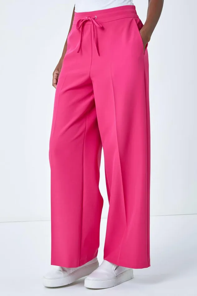 Women Pink Wide Leg Elastic Waist Tie Front Trouser Roman Trousers