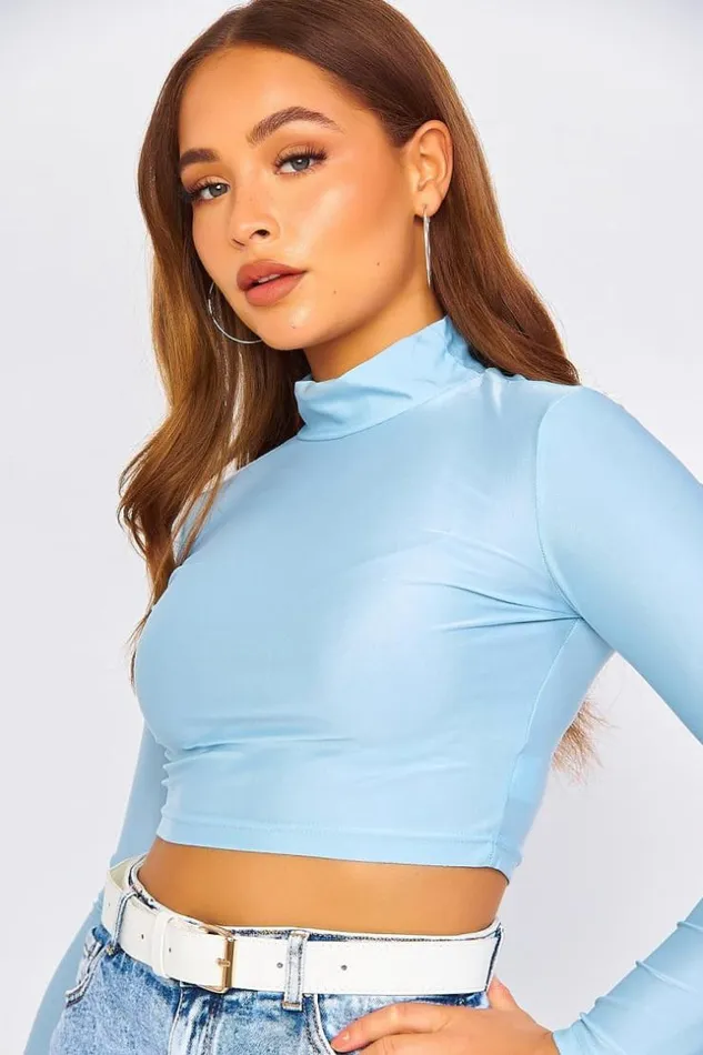 Women Plain Blue High Neck Crop Top Blue Brentiny Paris Lace Tops