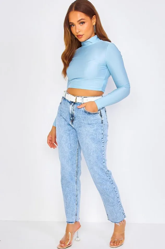 Women Plain Blue High Neck Crop Top Blue Brentiny Paris Lace Tops