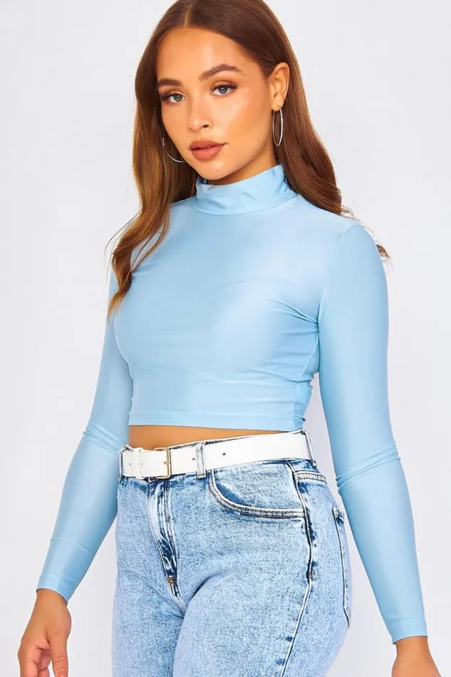 Women Plain Blue High Neck Crop Top Blue Brentiny Paris Lace Tops