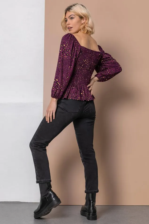 Women Plum Shirred Peplum Animal Top Roman Tops