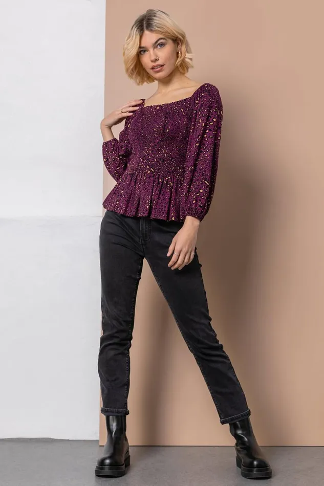Women Plum Shirred Peplum Animal Top Roman Tops