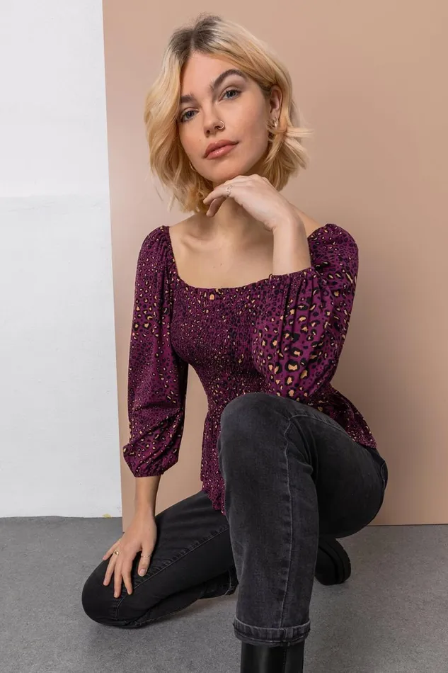Women Plum Shirred Peplum Animal Top Roman Tops