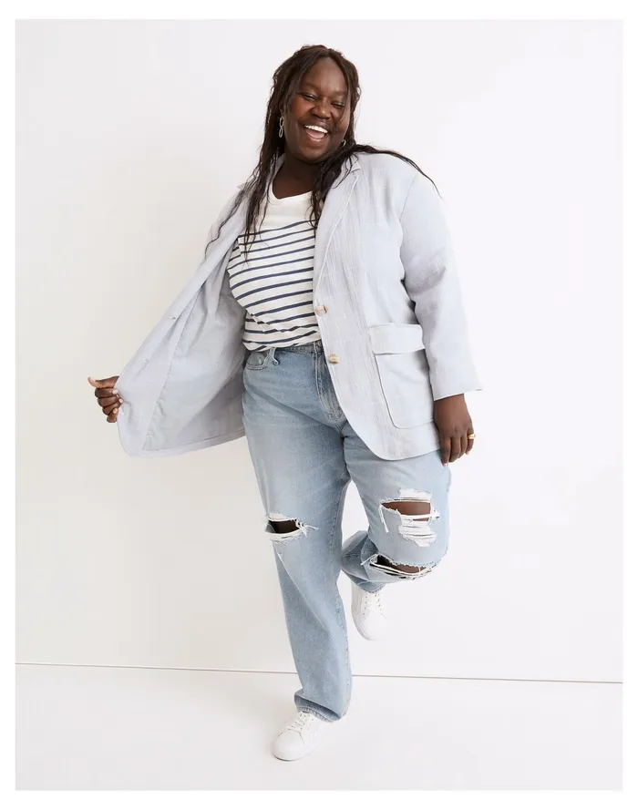 Women Plus Cotton Linen Relaxed Larsen Blazer In Windowpane Dusty Pool Madewell Jackets