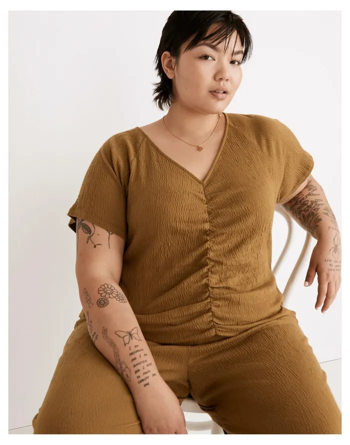 Women Plus Knit Lightspun Ruched Front Crop Top Spiced Olive Madewell Tees