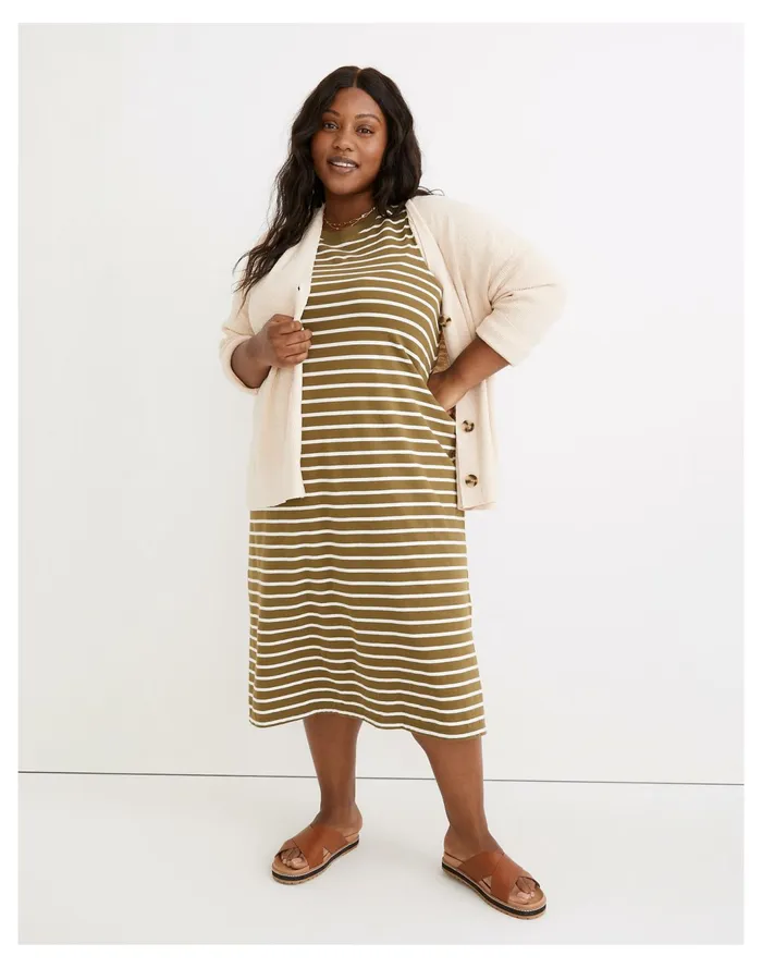 Women Plus Organic Cotton Crewneck Tank Midi Dress In Stripe Vintage Moss Madewell Dresses Women Plus Organic Cotton Crewneck Tank Midi Dress In Stripe Vintage Moss Madewell Dresses