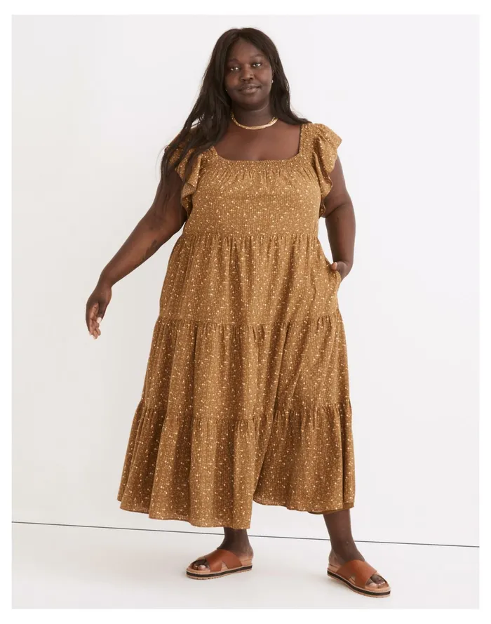 Women Plus Ruffle Sleeve Tiered Midi Dress In Daisy Stitch Weathered Olive Madewell Dresses Women Plus Ruffle Sleeve Tiered Midi Dress In Daisy Stitch Weathered Olive Madewell Dresses
