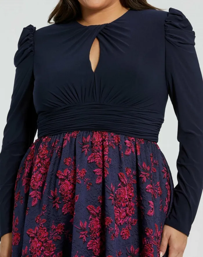 Women Plus Size Dresses Mac Duggal Blue Long Sleeve Keyhole Knot Neck Floral Bottom Gown Midnight