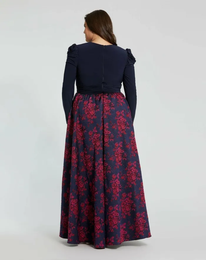 Women Plus Size Dresses Mac Duggal Blue Long Sleeve Keyhole Knot Neck Floral Bottom Gown Midnight