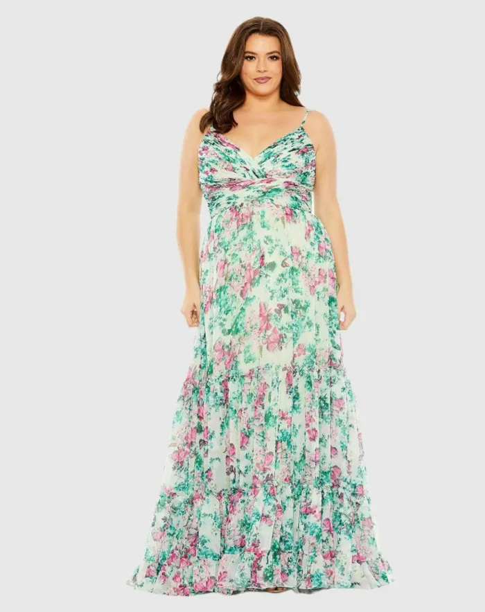 Women Plus Size Dresses Mac Duggal Floral Printed Tiered Ruched Gown Green Multi