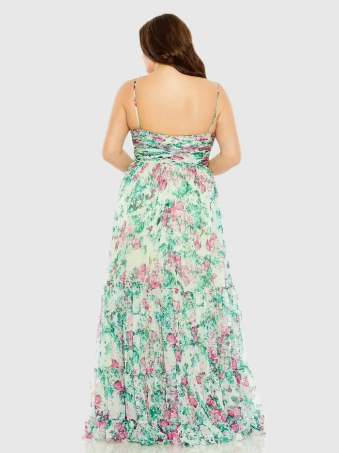 Women Plus Size Dresses Mac Duggal Floral Printed Tiered Ruched Gown Green Multi