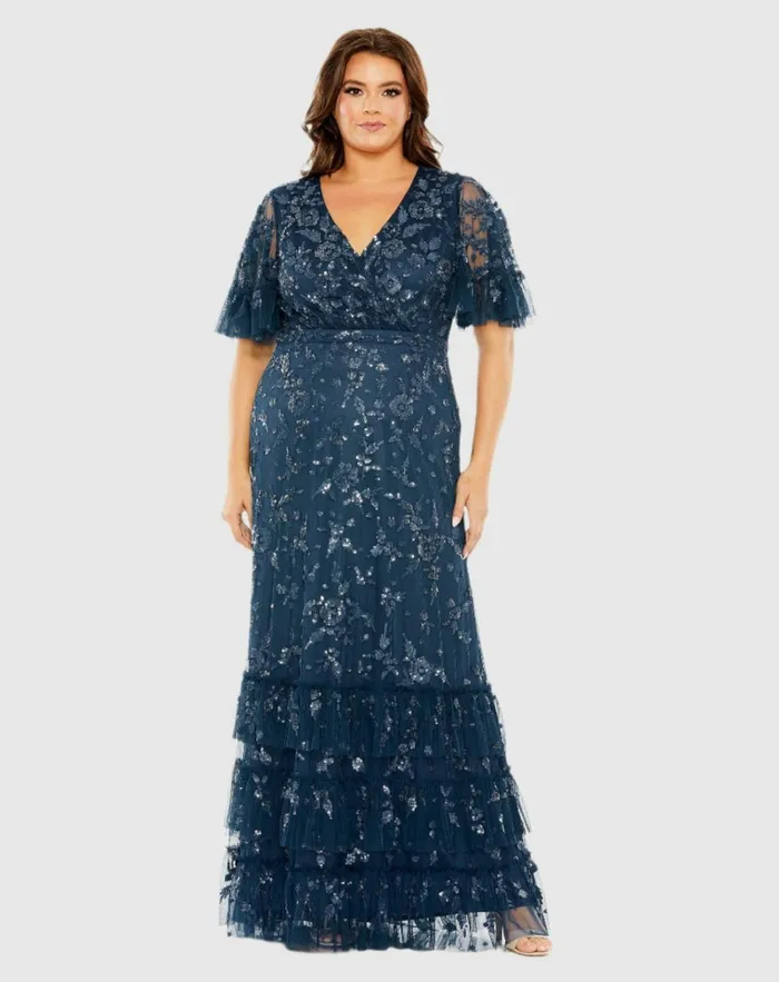 Women Plus Size Dresses Mac Duggal Sequin Embellished Flutter Sleeve Faux Wrap VNeck Tiered Dress Twilight Women Plus Size Dresses Mac Duggal Sequin Embellished Flutter Sleeve Faux Wrap VNeck Tiered Dress Twilight