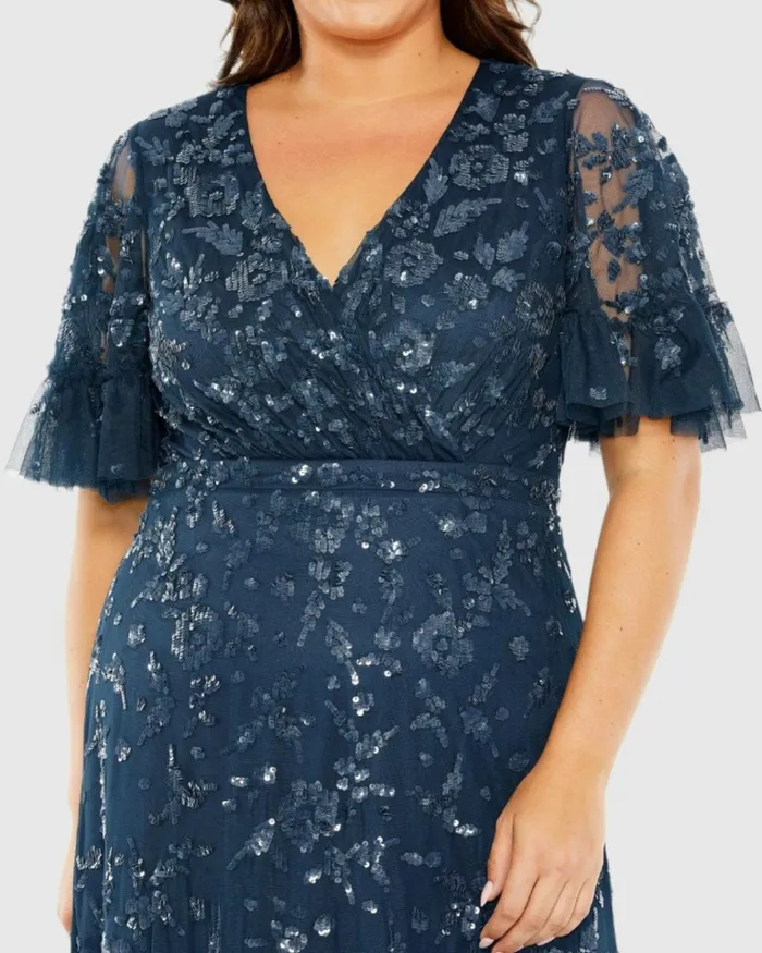 Women Plus Size Dresses Mac Duggal Sequin Embellished Flutter Sleeve Faux Wrap VNeck Tiered Dress Twilight