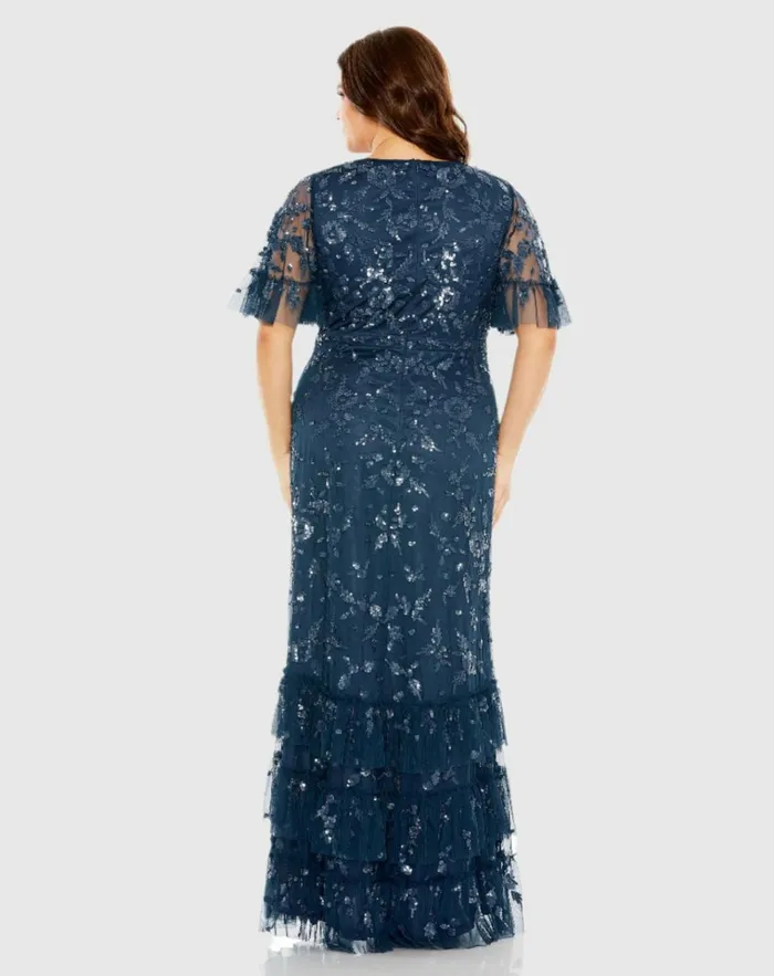 Women Plus Size Dresses Mac Duggal Sequin Embellished Flutter Sleeve Faux Wrap VNeck Tiered Dress Twilight