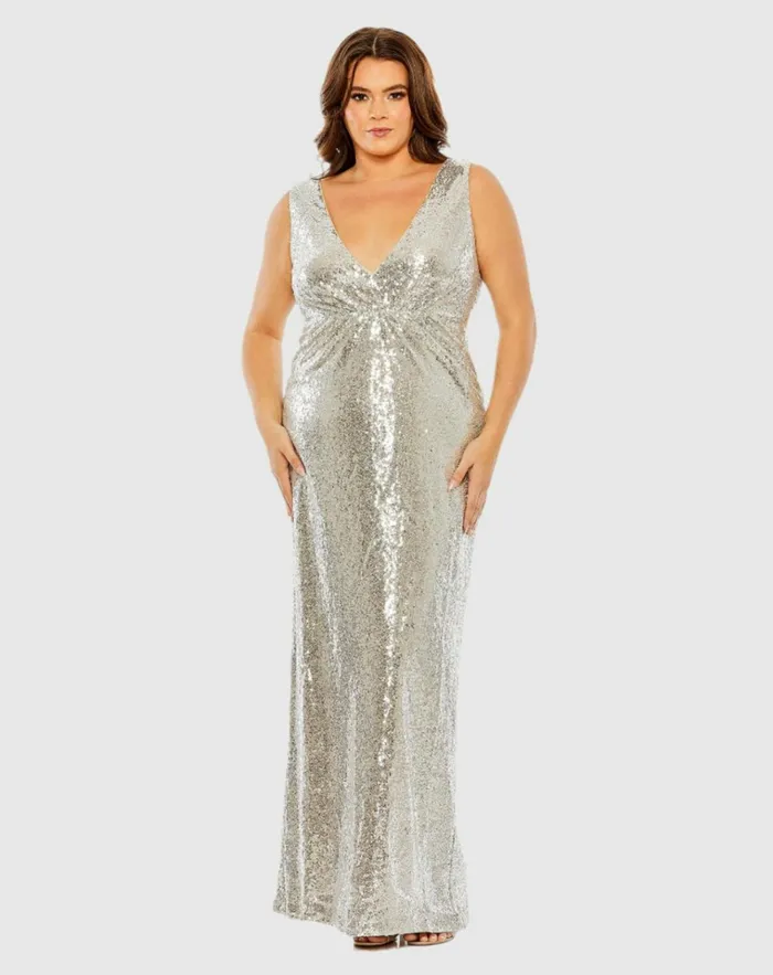 Women Plus Size Dresses Mac Duggal Sequin Vneck Back Cutout Gown Nude Silver