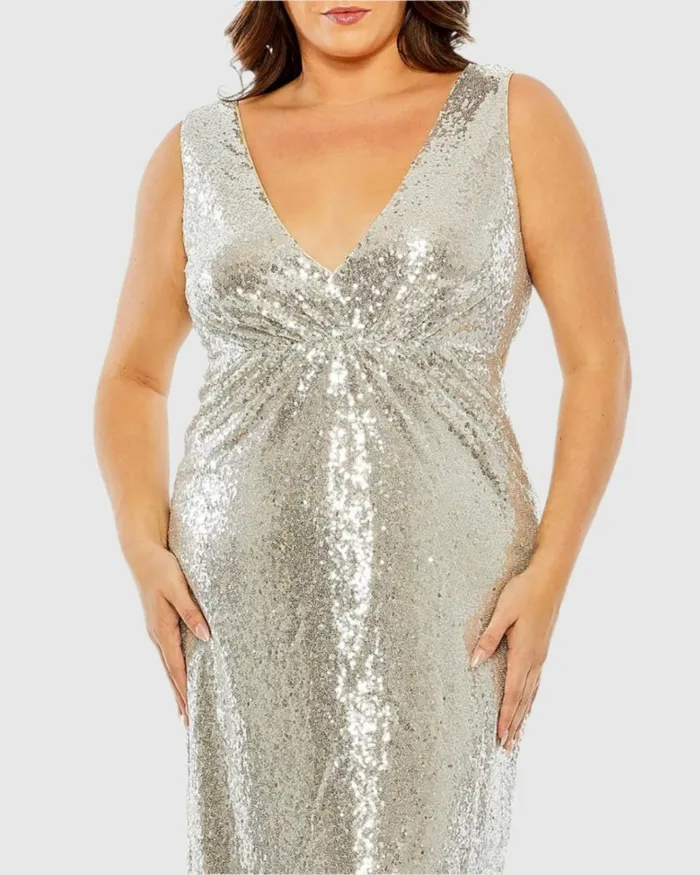 Women Plus Size Dresses Mac Duggal Sequin Vneck Back Cutout Gown Nude Silver Women Plus Size Dresses Mac Duggal Sequin Vneck Back Cutout Gown Nude Silver